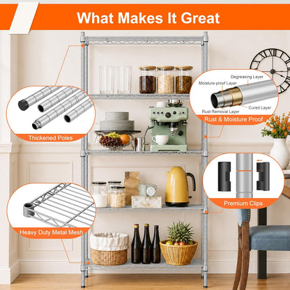5 Tier Wire Shelving Unit, 72.8" H Heavy Duty Metal Storage Shelves