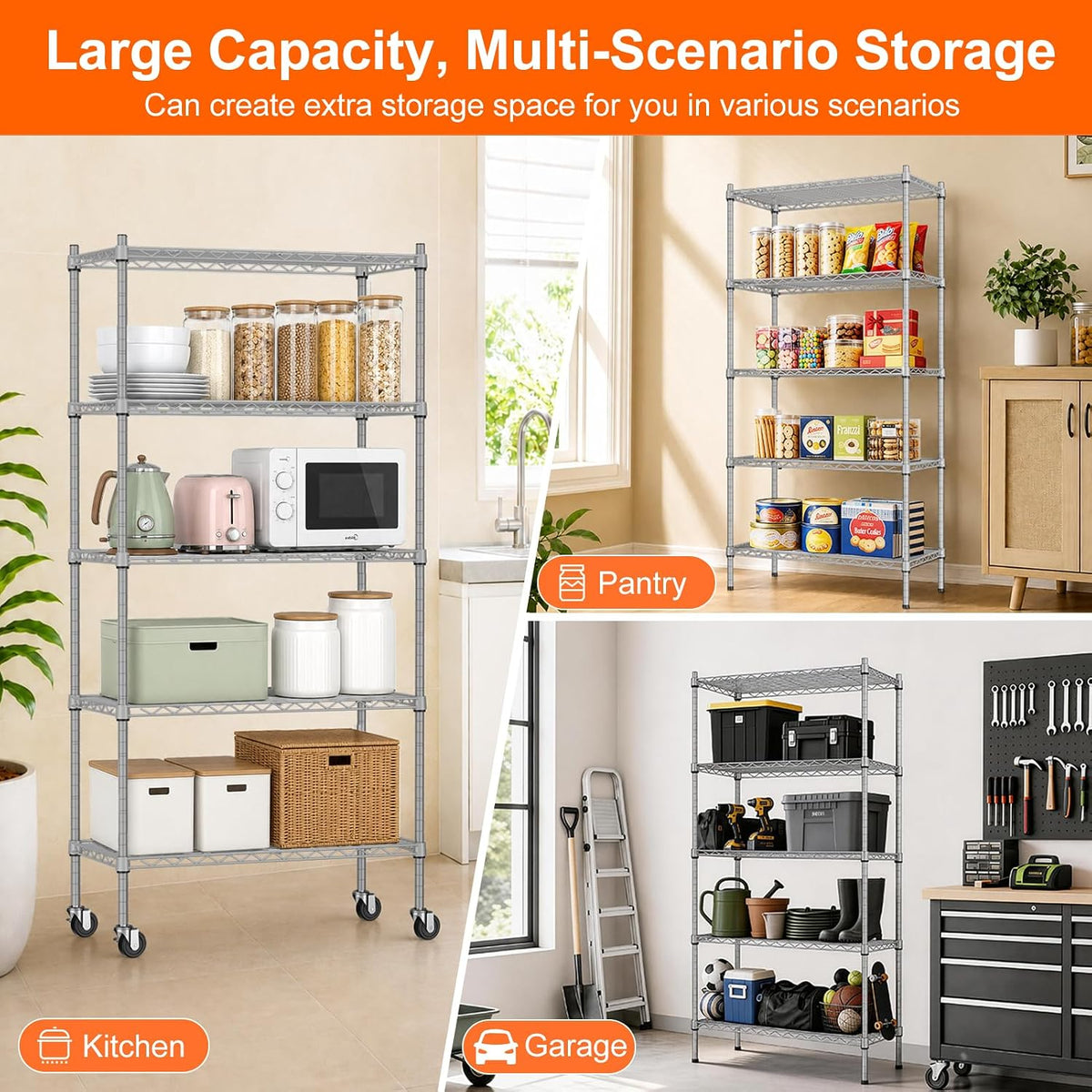 5 Tier Wire Shelving Unit, 72.8" H Heavy Duty Metal Storage Shelves