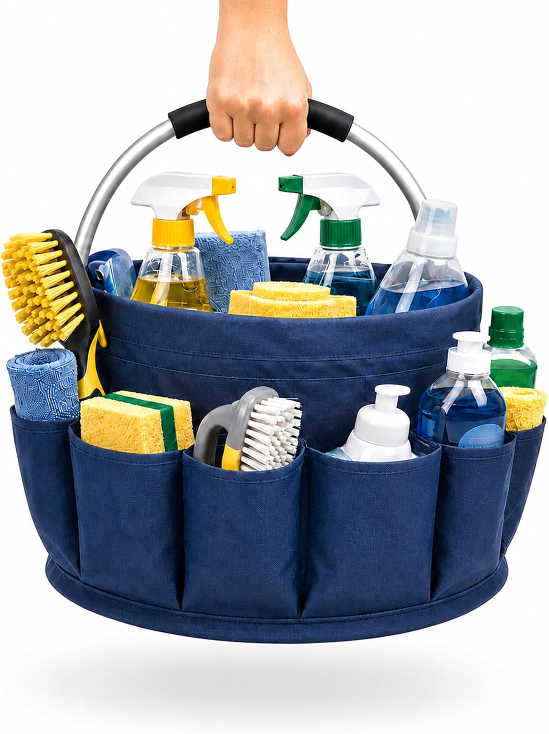 Cleaning Caddy with Handle, Foldable 17L Cleaning Supplies Basket with 6 Pockets, Heavy Duty 600D Oxford Fabric Organizer Tote for Cleaning Tools, Car Wash, Garden & Camping(Dark Navy Blue)