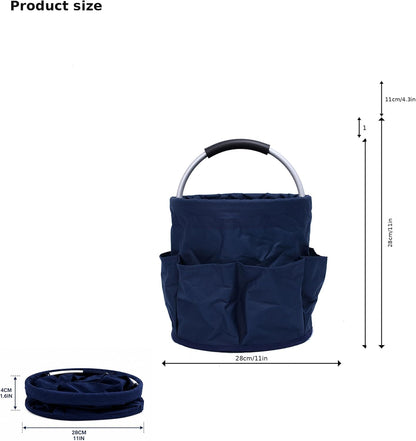 Cleaning Caddy with Handle, Foldable 17L Cleaning Supplies Basket with 6 Pockets, Heavy Duty 600D Oxford Fabric Organizer Tote for Cleaning Tools, Car Wash, Garden & Camping(Dark Navy Blue)