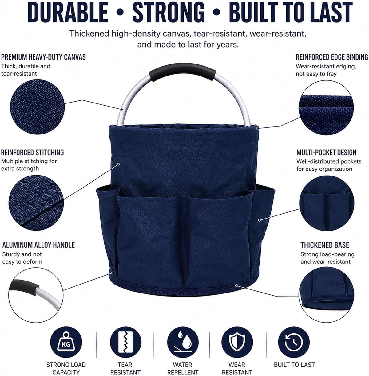 Cleaning Caddy with Handle, Foldable 17L Cleaning Supplies Basket with 6 Pockets, Heavy Duty 600D Oxford Fabric Organizer Tote for Cleaning Tools, Car Wash, Garden & Camping(Dark Navy Blue)