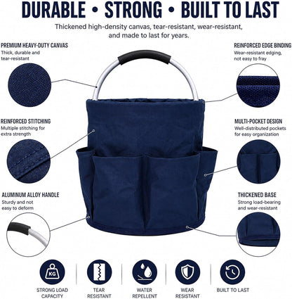 Cleaning Caddy with Handle, Foldable 17L Cleaning Supplies Basket with 6 Pockets, Heavy Duty 600D Oxford Fabric Organizer Tote for Cleaning Tools, Car Wash, Garden & Camping(Dark Navy Blue)
