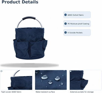 Cleaning Caddy with Handle, Foldable 17L Cleaning Supplies Basket with 6 Pockets, Heavy Duty 600D Oxford Fabric Organizer Tote for Cleaning Tools, Car Wash, Garden & Camping(Dark Navy Blue)