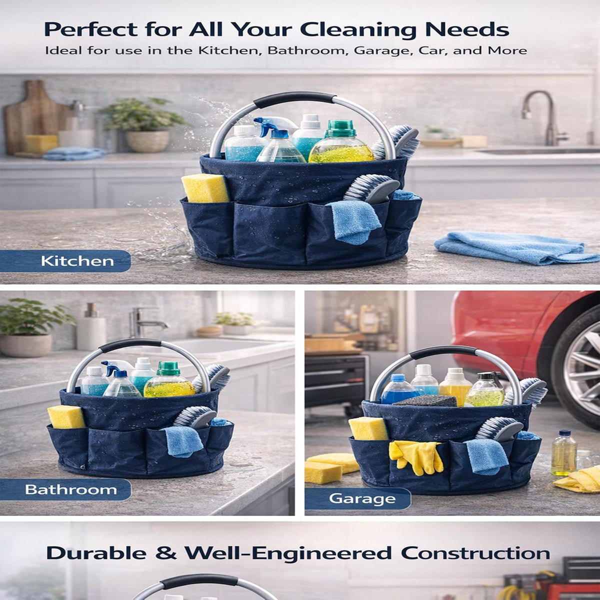 Cleaning Caddy with Handle, Foldable 17L Cleaning Supplies Basket with 6 Pockets, Heavy Duty 600D Oxford Fabric Organizer Tote for Cleaning Tools, Car Wash, Garden & Camping(Dark Navy Blue)
