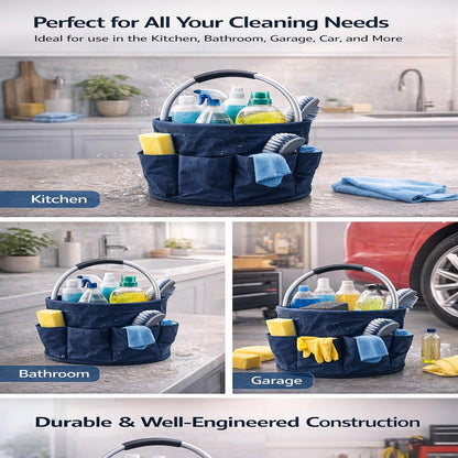 Cleaning Caddy with Handle, Foldable 17L Cleaning Supplies Basket with 6 Pockets, Heavy Duty 600D Oxford Fabric Organizer Tote for Cleaning Tools, Car Wash, Garden & Camping(Dark Navy Blue)