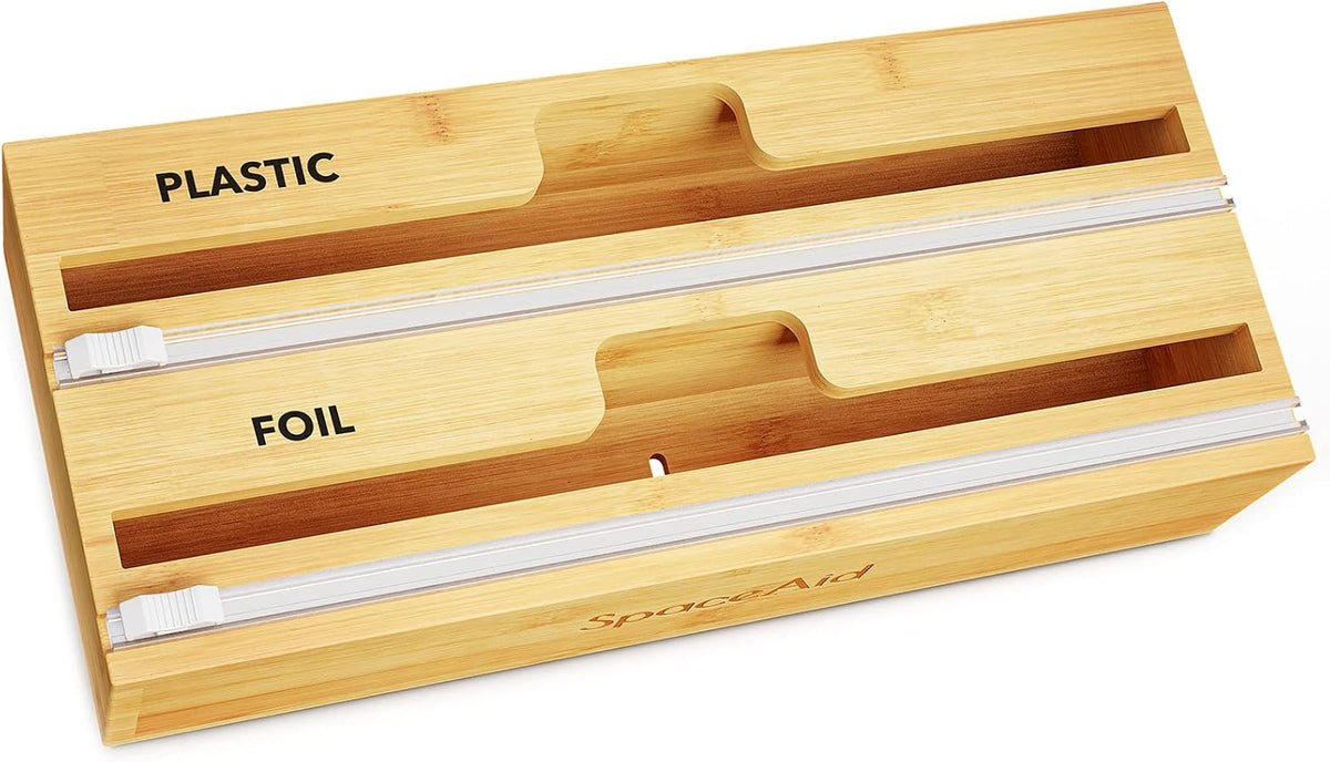 WrapNeat 4 in 1 Wrap Organizer with Cutter and Labels, Plastic Wrap, Aluminum Foil and Wax Bamboo Dispenser for Kitchen Storage Organization Holder for 12" Roll (Natural, 4-Slot)