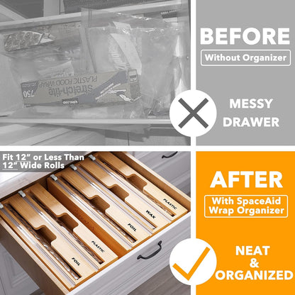 WrapNeat 4 in 1 Wrap Organizer with Cutter and Labels, Plastic Wrap, Aluminum Foil and Wax Bamboo Dispenser for Kitchen Storage Organization Holder for 12" Roll (Natural, 4-Slot)