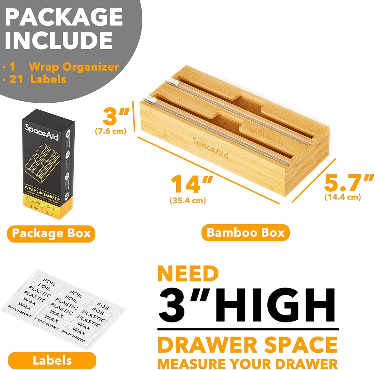 WrapNeat 4 in 1 Wrap Organizer with Cutter and Labels, Plastic Wrap, Aluminum Foil and Wax Bamboo Dispenser for Kitchen Storage Organization Holder for 12" Roll (Natural, 4-Slot)