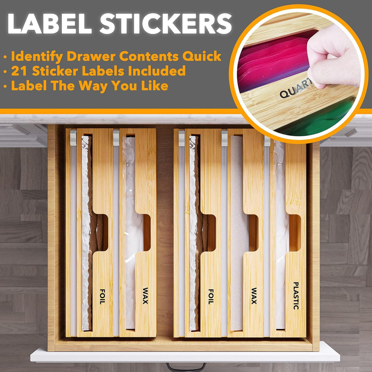 WrapNeat 4 in 1 Wrap Organizer with Cutter and Labels, Plastic Wrap, Aluminum Foil and Wax Bamboo Dispenser for Kitchen Storage Organization Holder for 12" Roll (Natural, 4-Slot)