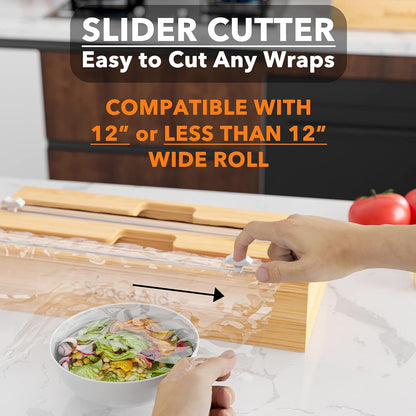 WrapNeat 4 in 1 Wrap Organizer with Cutter and Labels, Plastic Wrap, Aluminum Foil and Wax Bamboo Dispenser for Kitchen Storage Organization Holder for 12" Roll (Natural, 4-Slot)