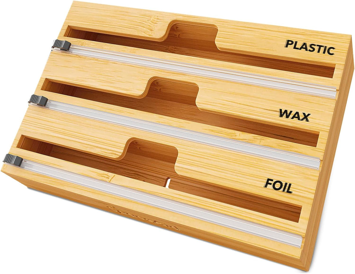 WrapNeat 4 in 1 Wrap Organizer with Cutter and Labels, Plastic Wrap, Aluminum Foil and Wax Bamboo Dispenser for Kitchen Storage Organization Holder for 12" Roll (Natural, 4-Slot)