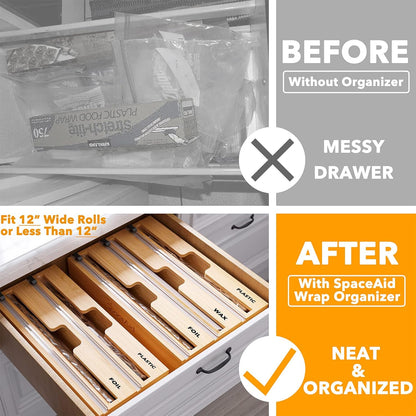 WrapNeat 4 in 1 Wrap Organizer with Cutter and Labels, Plastic Wrap, Aluminum Foil and Wax Bamboo Dispenser for Kitchen Storage Organization Holder for 12" Roll (Natural, 4-Slot)