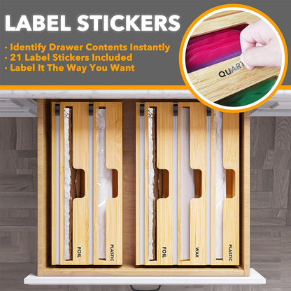 WrapNeat 4 in 1 Wrap Organizer with Cutter and Labels, Plastic Wrap, Aluminum Foil and Wax Bamboo Dispenser for Kitchen Storage Organization Holder for 12" Roll (Natural, 4-Slot)