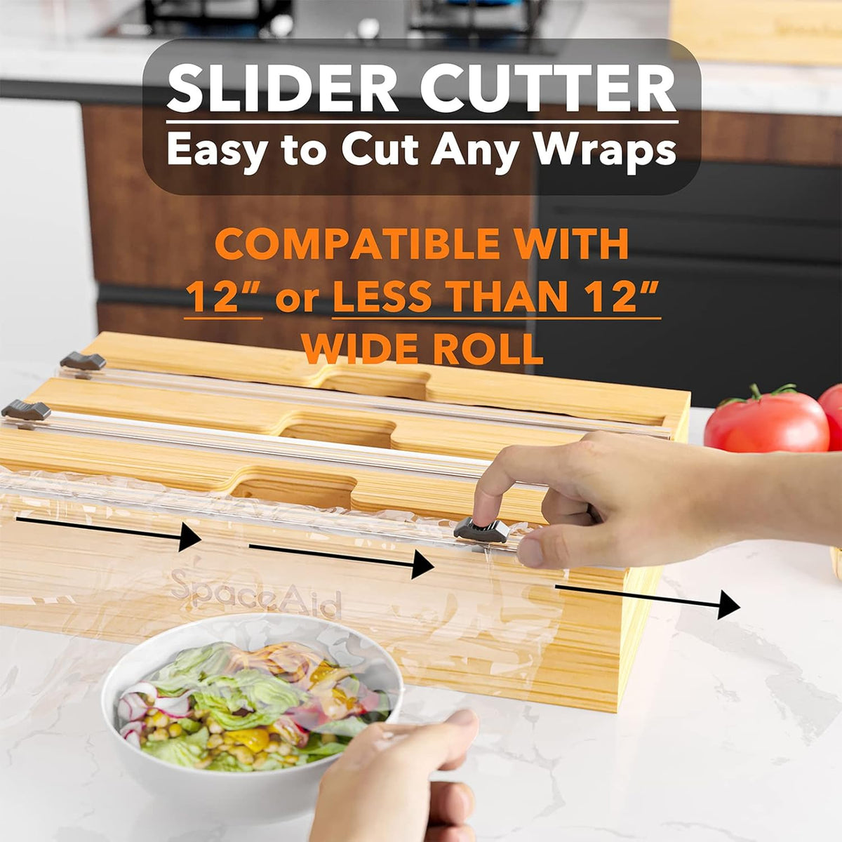 WrapNeat 4 in 1 Wrap Organizer with Cutter and Labels, Plastic Wrap, Aluminum Foil and Wax Bamboo Dispenser for Kitchen Storage Organization Holder for 12" Roll (Natural, 4-Slot)