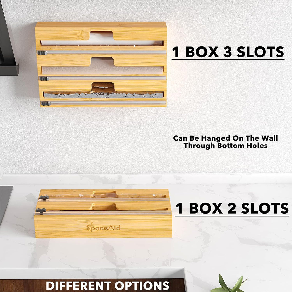 WrapNeat 4 in 1 Wrap Organizer with Cutter and Labels, Plastic Wrap, Aluminum Foil and Wax Bamboo Dispenser for Kitchen Storage Organization Holder for 12" Roll (Natural, 4-Slot)