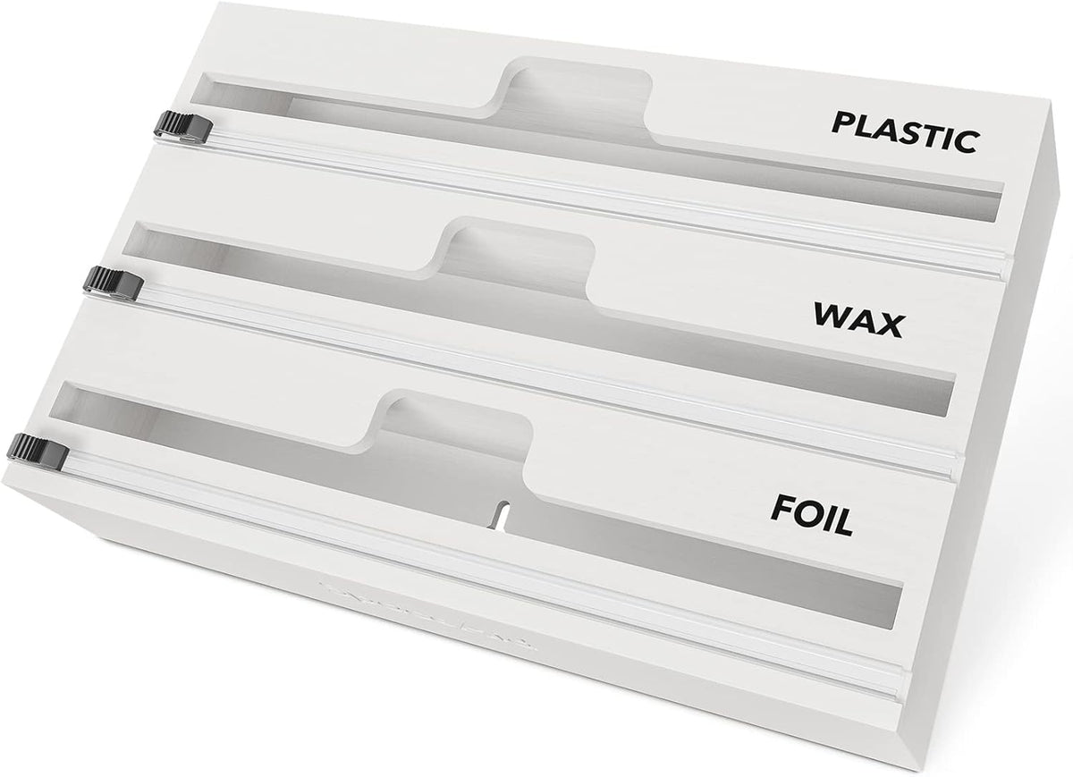 WrapNeat 4 in 1 Wrap Organizer with Cutter and Labels, Plastic Wrap, Aluminum Foil and Wax Bamboo Dispenser for Kitchen Storage Organization Holder for 12" Roll (Natural, 4-Slot)