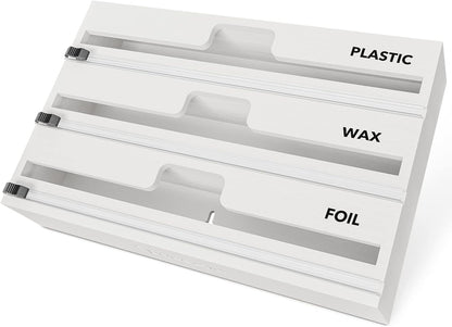 WrapNeat 4 in 1 Wrap Organizer with Cutter and Labels, Plastic Wrap, Aluminum Foil and Wax Bamboo Dispenser for Kitchen Storage Organization Holder for 12" Roll (Natural, 4-Slot)