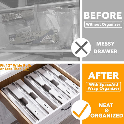 WrapNeat 4 in 1 Wrap Organizer with Cutter and Labels, Plastic Wrap, Aluminum Foil and Wax Bamboo Dispenser for Kitchen Storage Organization Holder for 12" Roll (Natural, 4-Slot)