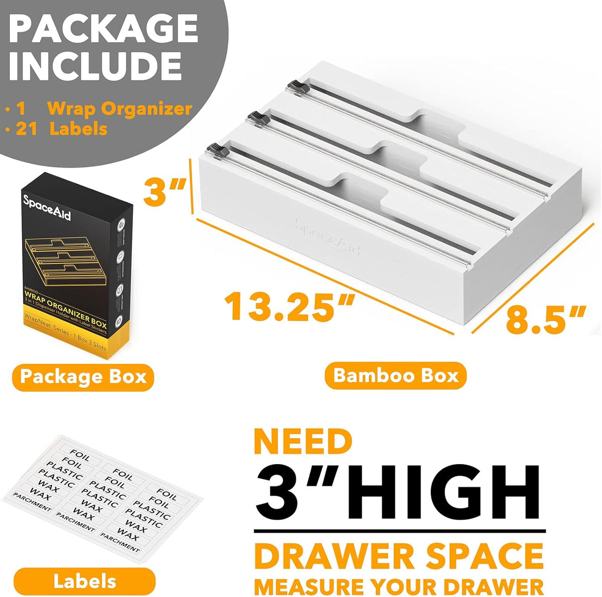 WrapNeat 4 in 1 Wrap Organizer with Cutter and Labels, Plastic Wrap, Aluminum Foil and Wax Bamboo Dispenser for Kitchen Storage Organization Holder for 12" Roll (Natural, 4-Slot)