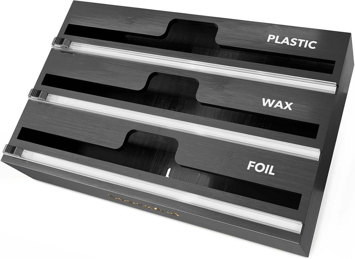 WrapNeat 4 in 1 Wrap Organizer with Cutter and Labels, Plastic Wrap, Aluminum Foil and Wax Bamboo Dispenser for Kitchen Storage Organization Holder for 12" Roll (Natural, 4-Slot)