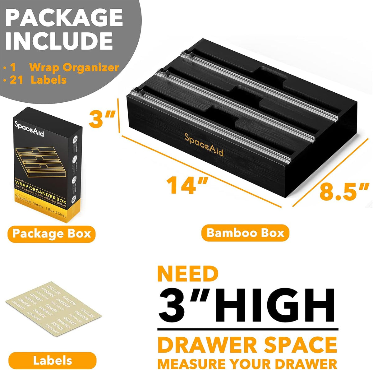 WrapNeat 4 in 1 Wrap Organizer with Cutter and Labels, Plastic Wrap, Aluminum Foil and Wax Bamboo Dispenser for Kitchen Storage Organization Holder for 12" Roll (Natural, 4-Slot)