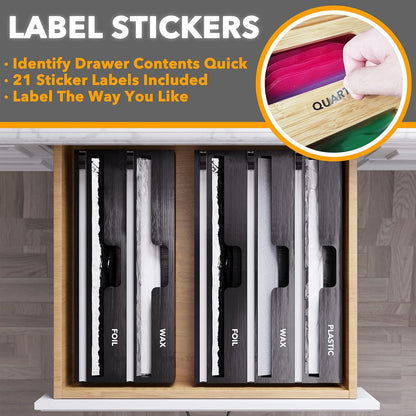 WrapNeat 4 in 1 Wrap Organizer with Cutter and Labels, Plastic Wrap, Aluminum Foil and Wax Bamboo Dispenser for Kitchen Storage Organization Holder for 12" Roll (Natural, 4-Slot)