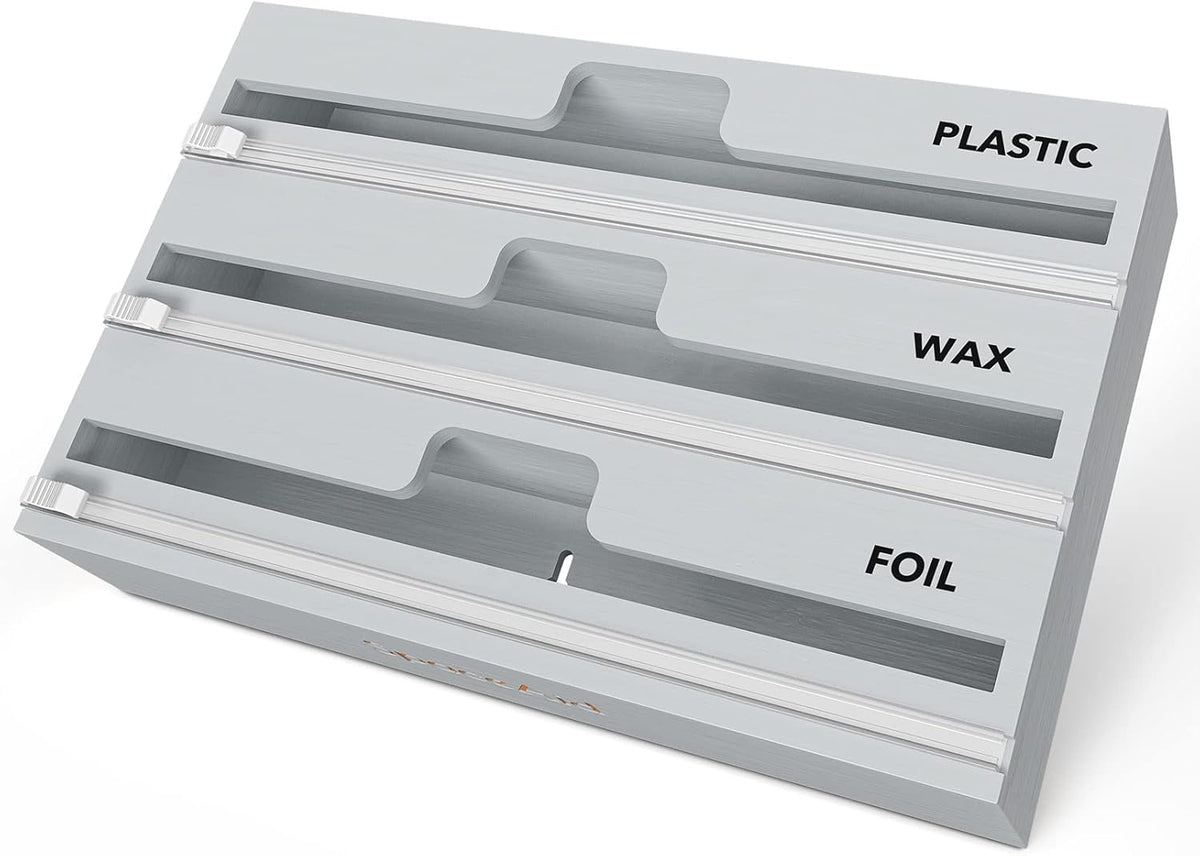 WrapNeat 4 in 1 Wrap Organizer with Cutter and Labels, Plastic Wrap, Aluminum Foil and Wax Bamboo Dispenser for Kitchen Storage Organization Holder for 12" Roll (Natural, 4-Slot)