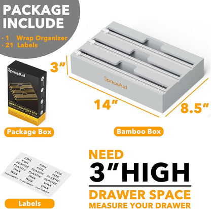 WrapNeat 4 in 1 Wrap Organizer with Cutter and Labels, Plastic Wrap, Aluminum Foil and Wax Bamboo Dispenser for Kitchen Storage Organization Holder for 12" Roll (Natural, 4-Slot)