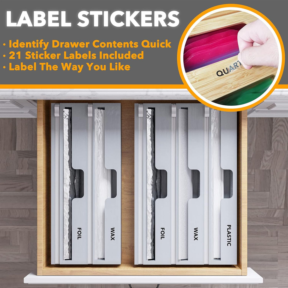 WrapNeat 4 in 1 Wrap Organizer with Cutter and Labels, Plastic Wrap, Aluminum Foil and Wax Bamboo Dispenser for Kitchen Storage Organization Holder for 12" Roll (Natural, 4-Slot)