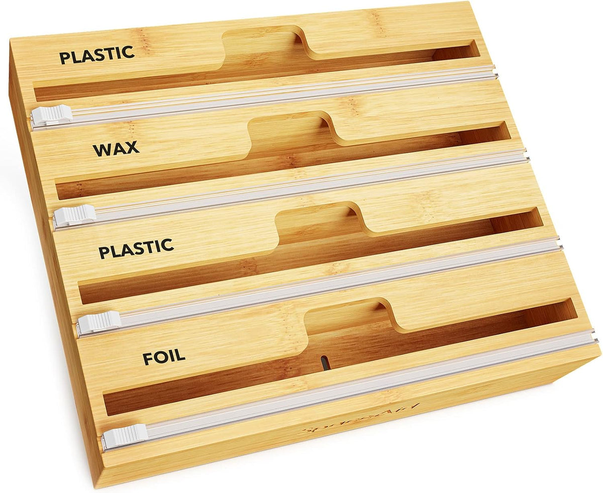 WrapNeat 4 in 1 Wrap Organizer with Cutter and Labels, Plastic Wrap, Aluminum Foil and Wax Bamboo Dispenser for Kitchen Storage Organization Holder for 12" Roll (Natural, 4-Slot)