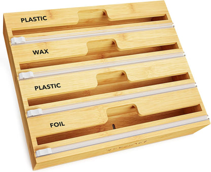 WrapNeat 4 in 1 Wrap Organizer with Cutter and Labels, Plastic Wrap, Aluminum Foil and Wax Bamboo Dispenser for Kitchen Storage Organization Holder for 12" Roll (Natural, 4-Slot)