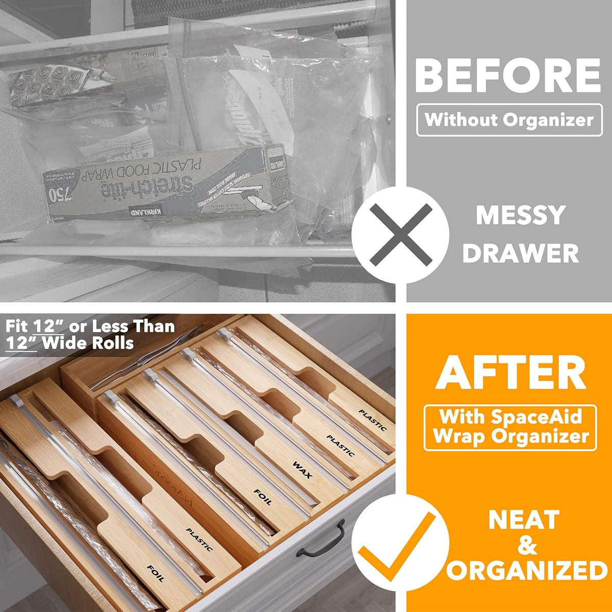 WrapNeat 4 in 1 Wrap Organizer with Cutter and Labels, Plastic Wrap, Aluminum Foil and Wax Bamboo Dispenser for Kitchen Storage Organization Holder for 12" Roll (Natural, 4-Slot)
