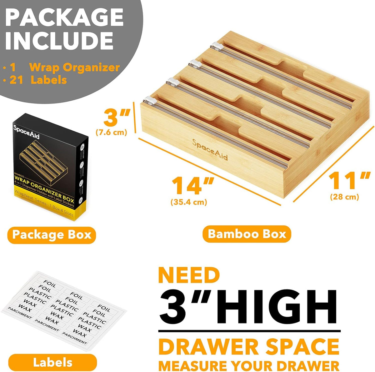 WrapNeat 4 in 1 Wrap Organizer with Cutter and Labels, Plastic Wrap, Aluminum Foil and Wax Bamboo Dispenser for Kitchen Storage Organization Holder for 12" Roll (Natural, 4-Slot)