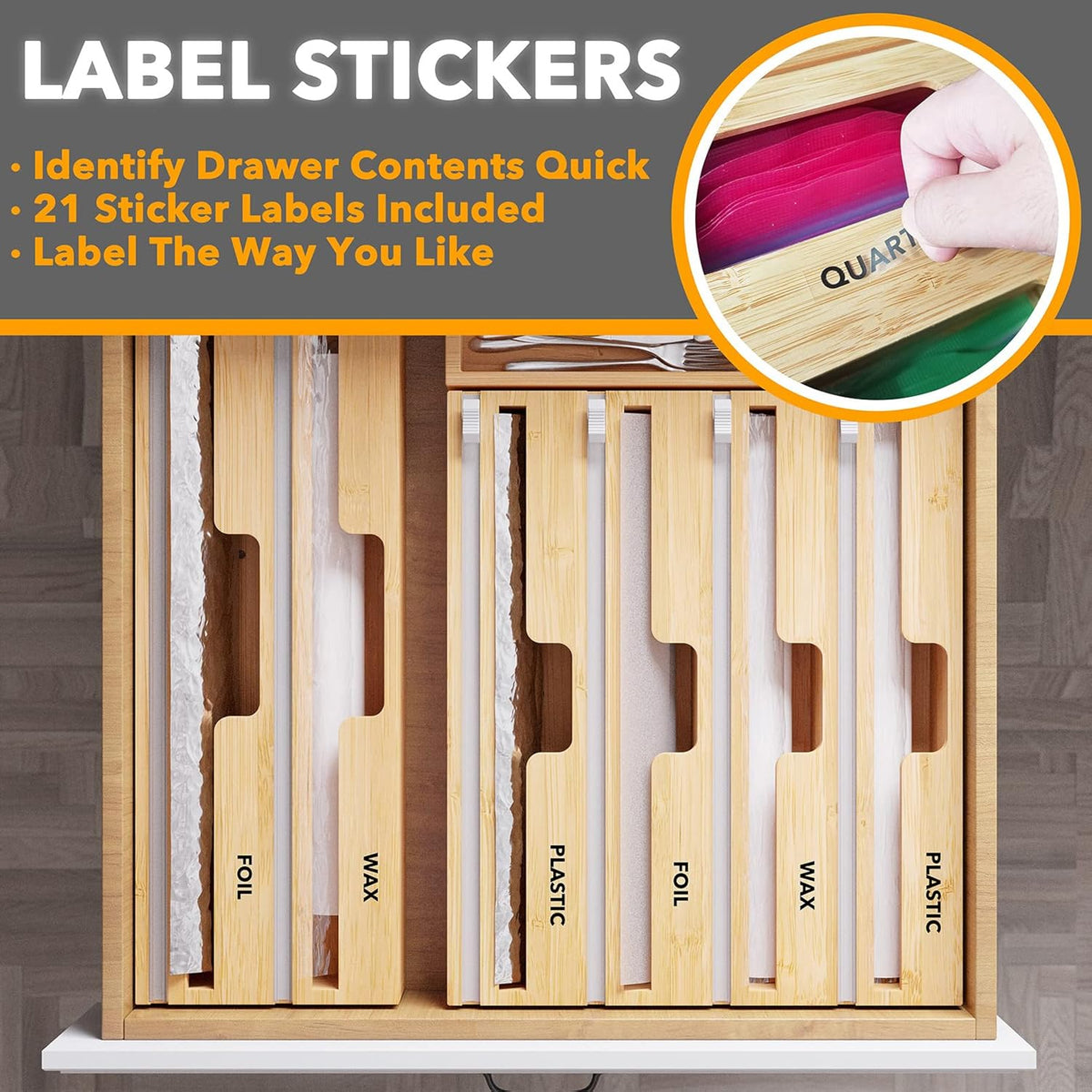 WrapNeat 4 in 1 Wrap Organizer with Cutter and Labels, Plastic Wrap, Aluminum Foil and Wax Bamboo Dispenser for Kitchen Storage Organization Holder for 12" Roll (Natural, 4-Slot)