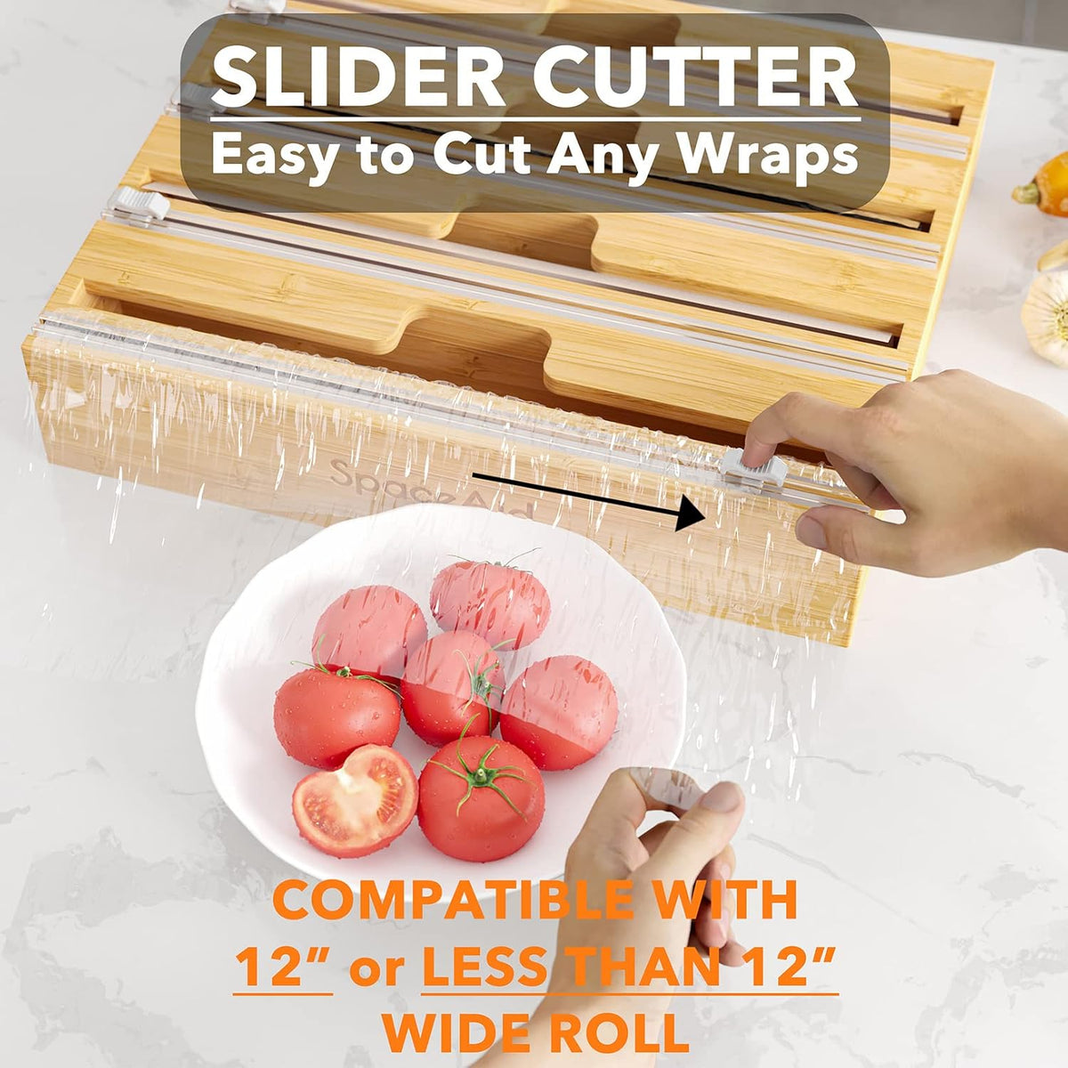 WrapNeat 4 in 1 Wrap Organizer with Cutter and Labels, Plastic Wrap, Aluminum Foil and Wax Bamboo Dispenser for Kitchen Storage Organization Holder for 12" Roll (Natural, 4-Slot)