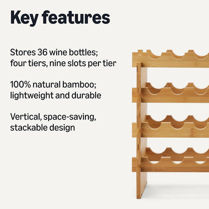Stackable Bamboo Wine Rack, 36 Bottle Capacity, Easy to Assemble