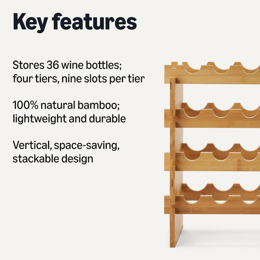 Stackable Bamboo Wine Rack, 36 Bottle Capacity, Easy to Assemble