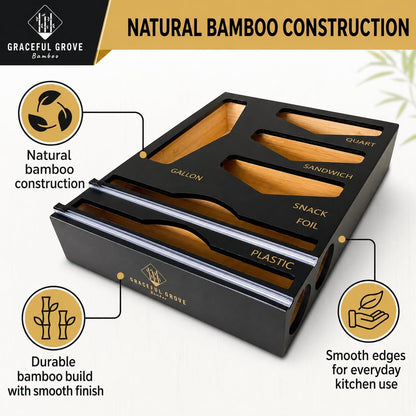 6-in-1 Bamboo Food Storage Bag Organizer for Drawer – Bag Organizer with Foil & Plastic Wrap Dispenser, Built-In Cutter, Holds Gallon Quart Sandwich Snack Bags, Black