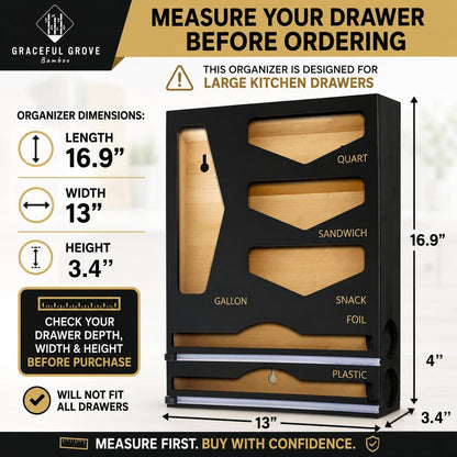 6-in-1 Bamboo Food Storage Bag Organizer for Drawer – Bag Organizer with Foil & Plastic Wrap Dispenser, Built-In Cutter, Holds Gallon Quart Sandwich Snack Bags, Black