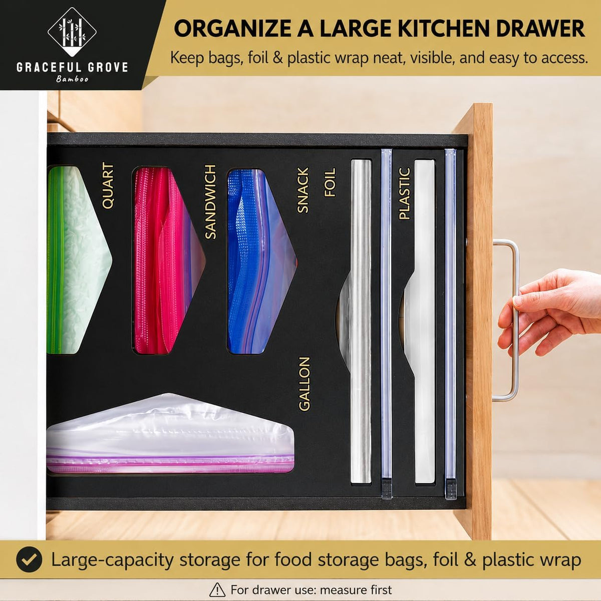 6-in-1 Bamboo Food Storage Bag Organizer for Drawer – Bag Organizer with Foil & Plastic Wrap Dispenser, Built-In Cutter, Holds Gallon Quart Sandwich Snack Bags, Black