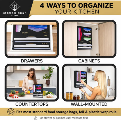 6-in-1 Bamboo Food Storage Bag Organizer for Drawer – Bag Organizer with Foil & Plastic Wrap Dispenser, Built-In Cutter, Holds Gallon Quart Sandwich Snack Bags, Black