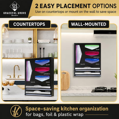 6-in-1 Bamboo Food Storage Bag Organizer for Drawer – Bag Organizer with Foil & Plastic Wrap Dispenser, Built-In Cutter, Holds Gallon Quart Sandwich Snack Bags, Black