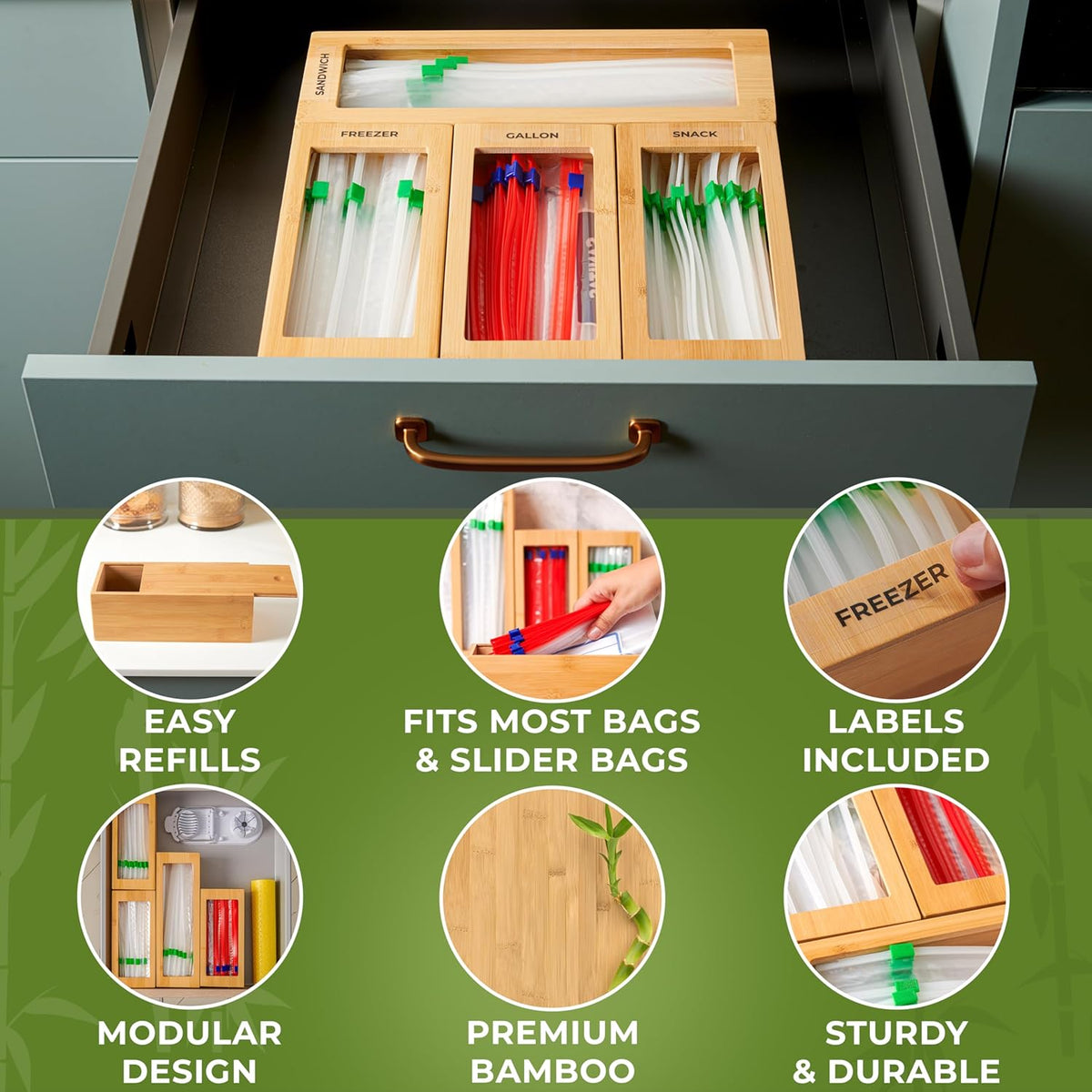 Kitchen Drawer Organizer, 9 in 1 Sandwich Storage Bag Organizer & Foil Wrap Dispenser - Fits Gallon, Quart, Snack - Plastic Bag Storage for Kitchen Organization [Measure Your Drawer Before Ordering]