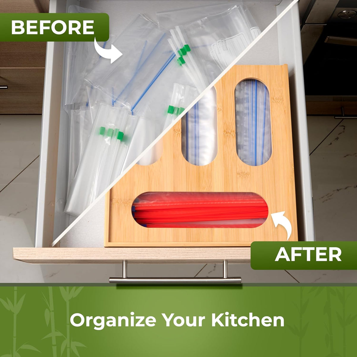 Kitchen Drawer Organizer, 9 in 1 Sandwich Storage Bag Organizer & Foil Wrap Dispenser - Fits Gallon, Quart, Snack - Plastic Bag Storage for Kitchen Organization [Measure Your Drawer Before Ordering]