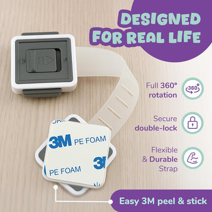 Child Safety Locks (4-Pack) - Baby Proof Cabinets, Drawers, Toilets & Appliances- Adjustable Strap Length, Double Lock Option - Easy Latch for Adults to Open