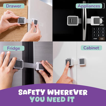 Child Safety Locks (4-Pack) - Baby Proof Cabinets, Drawers, Toilets & Appliances- Adjustable Strap Length, Double Lock Option - Easy Latch for Adults to Open