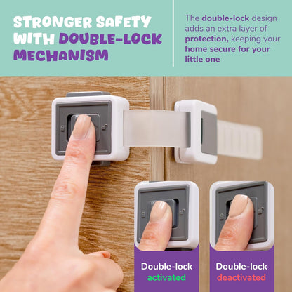 Child Safety Locks (4-Pack) - Baby Proof Cabinets, Drawers, Toilets & Appliances- Adjustable Strap Length, Double Lock Option - Easy Latch for Adults to Open