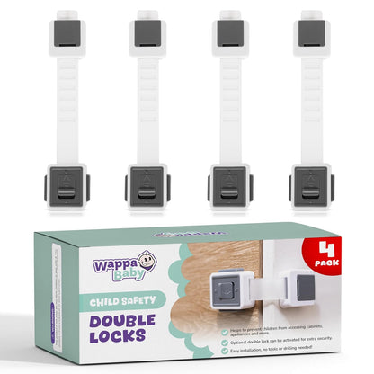 Child Safety Locks (4-Pack) - Baby Proof Cabinets, Drawers, Toilets & Appliances- Adjustable Strap Length, Double Lock Option - Easy Latch for Adults to Open