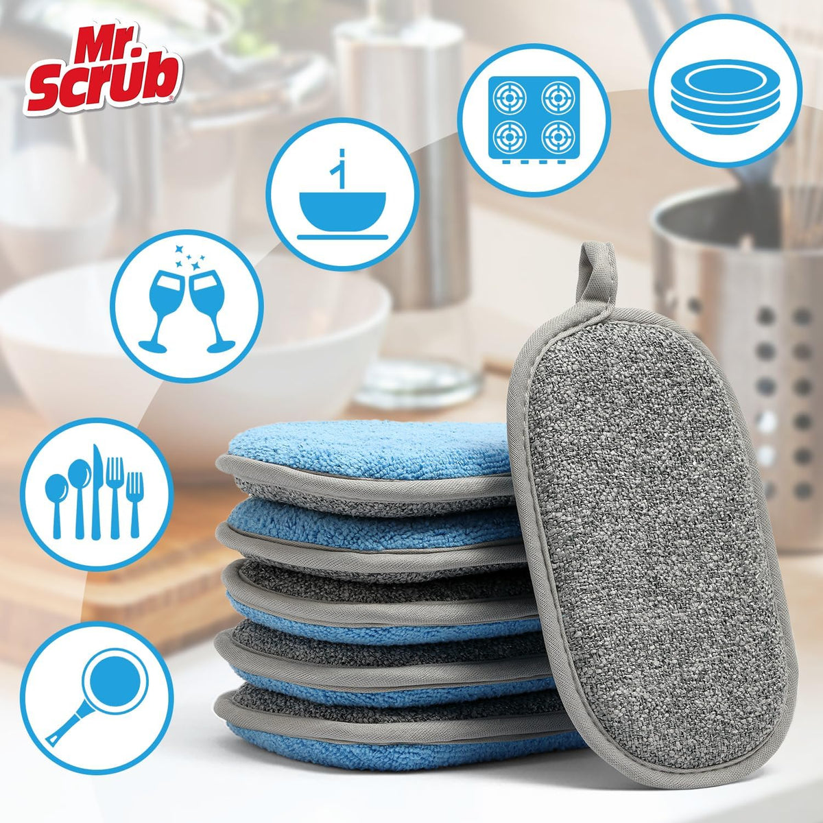 Sponges Kitchen Dish Sponge for Washing Dishes Cleaning Kitchen, All-Purpose, Non Scratch, Rough Scrubbers Side for Non-Stick Cookware, Soft Microfiber Scrub Side for Dishes, Mr. Scrub