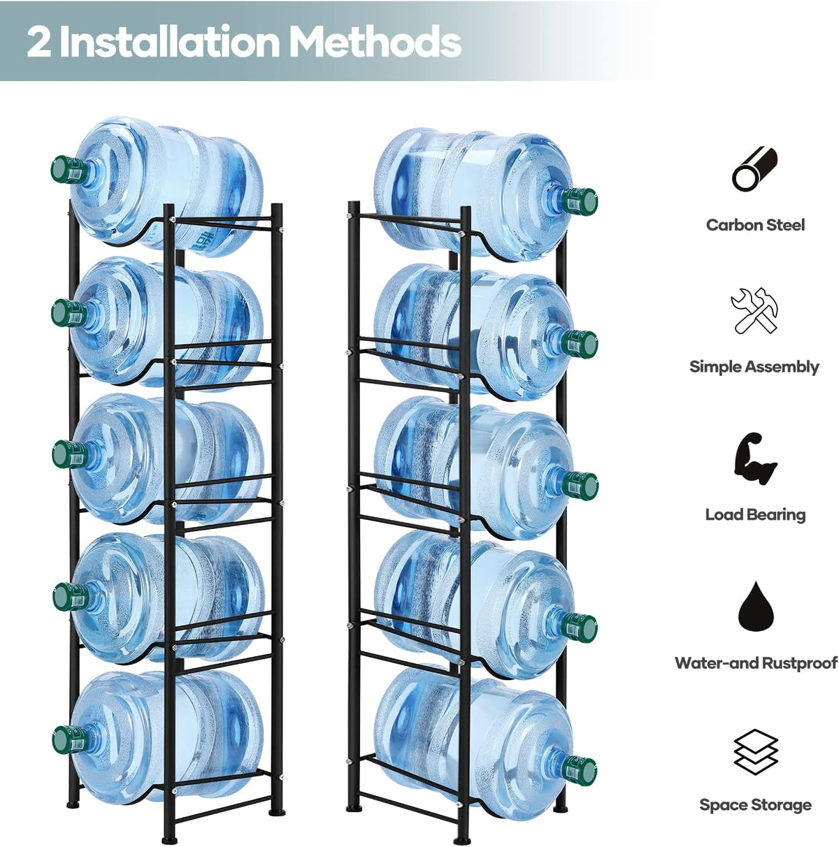 5 Gallon Water Jug Holder, 5 Tier Water Cooler Jug Rack, Black
